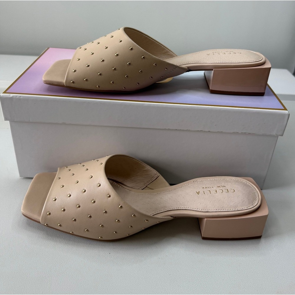 Cecelia New York Olivia Nude Leather Stud Square Toe Heels Mules 9M NEW